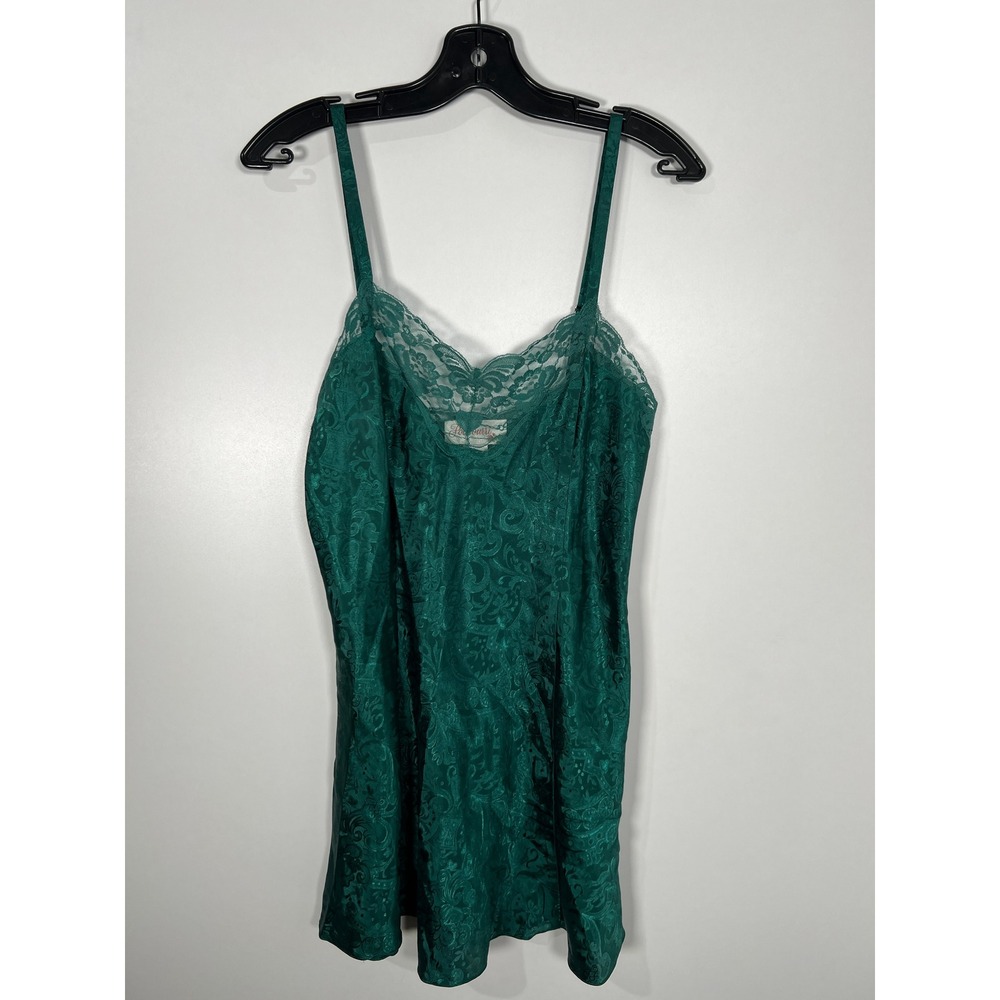 Vintage Chemise Green Paisley Jacquard Lace Trim Nightgown Tank Top Sleepwear M